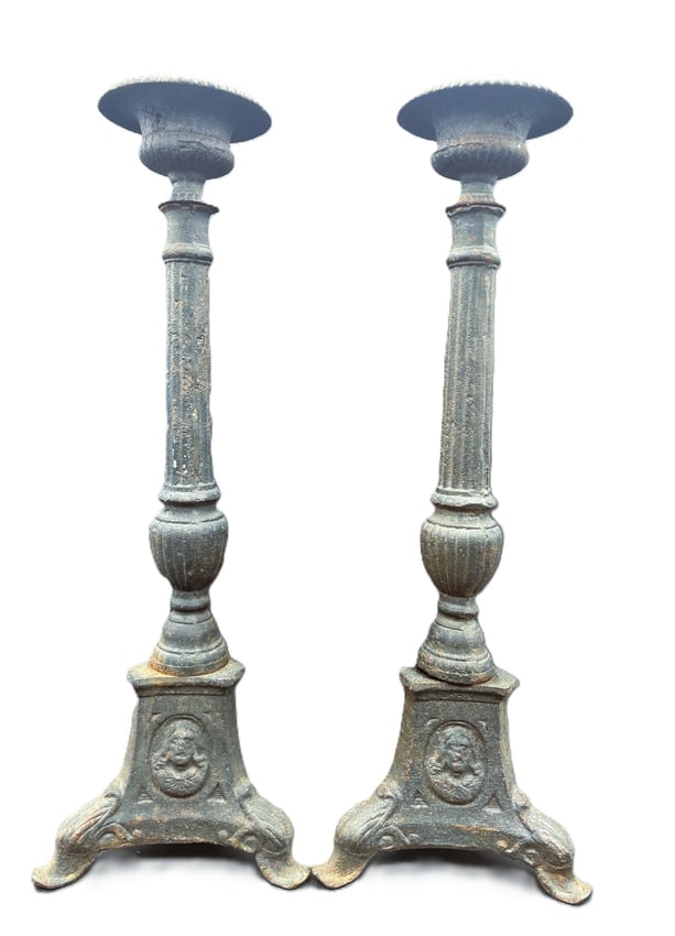 Early Large Cast Iron Candlesticks 16.75" tall: Date/Period: unknown Dimension: Approx. 16.75 x 6 x 5.5 Material: cast iron Additional Information: Early Cast Iron Candlesticks Shipping: Domestic: Flat-rate of $20.00 to anywhere within the