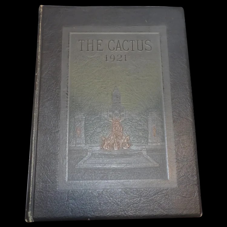 1921 Cactus University of Texas Annual: This 1921 Cactus Annual University of Texas at Austin is in excellent condition but has many signatures of students. Back page has browned from newspapers. The book is tight and no other problems.