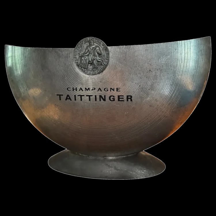 Vintage Orfevrerie French Signed Taittinger Pewter Double Magnum Champagne Bucket: Can easily fit 4 /5 standard bottles! Measures 18 1/2" x 7" x 11 1/2" high weighing a substantial 11 plus lbs. 50cm wide x 30cm high x 18cm deep This is a high quality bucket made in France by