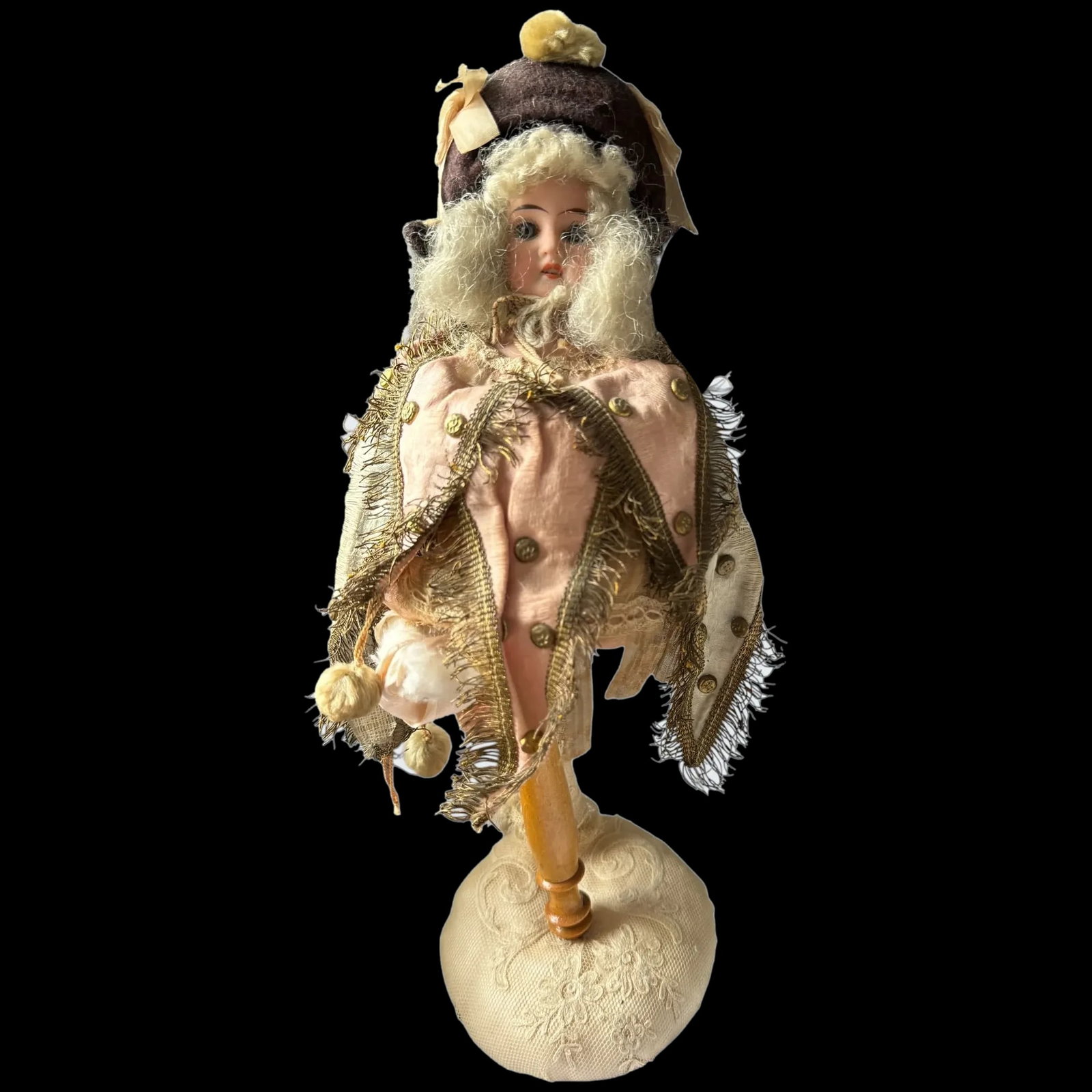 All original A.M 3200 bisque shoulder head musical Marotte, German for French market, circa 1890,: All original A.M 3200 bisque shoulder head musical Marotte, German for French market, circa 1890, with fixed blue glass eyes, open mouth, upper teeth and white wig in curls, on a carved wooden stick
