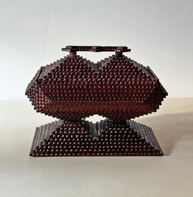 Painted Tramp Art Double Pedestal Box w Handle: Tramp art double pedestal box made entirely out of the wood from disused cigar boxes. Made in the traditional tramp art style with the use of simple tools such as a pocketknife. The lift-up top has a