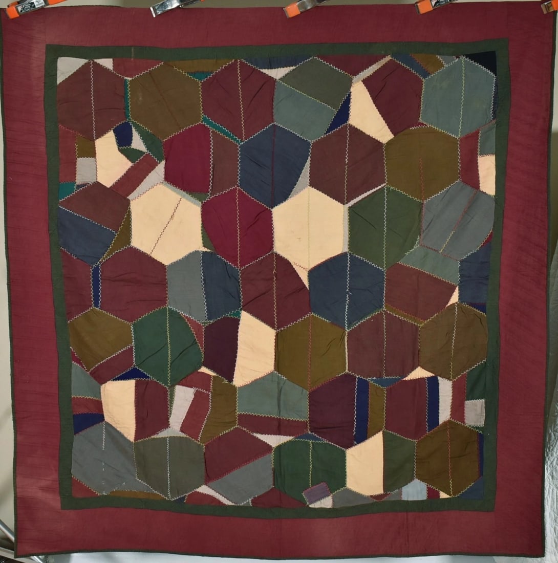 Rare 1880's Amish Crazy Quilt, Published: This OUTSTANDING cotton and wool authentic Holmes County, Ohio Amish crazy / honeycomb quilt is all treadle machine pieced and hand quilted, with hand embroidered hatch stitching around the piecework.