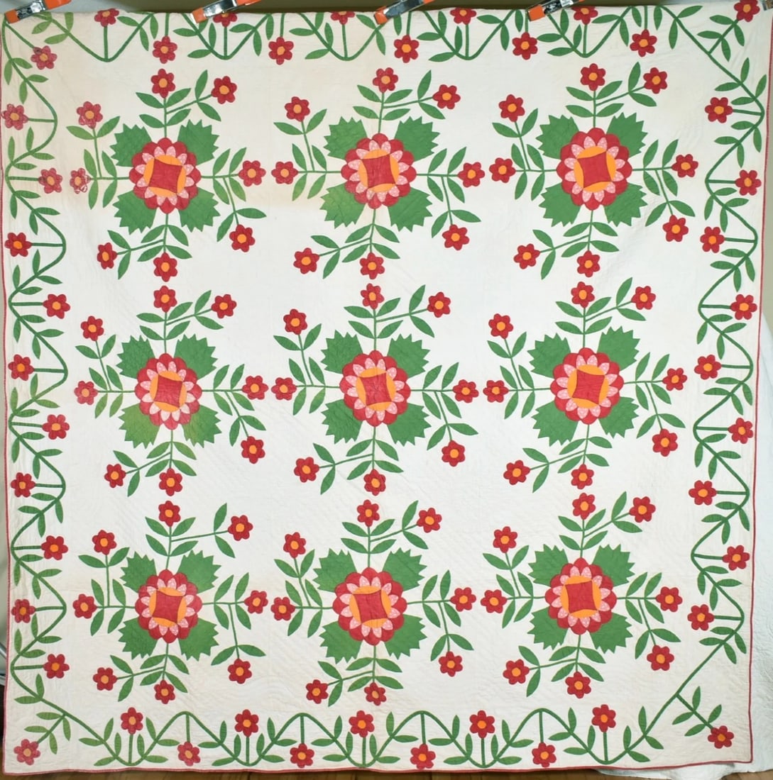 Early Red & Green Whig Rose Applique Quilt: This OUTSTANDING cotton 1850's/1860's red, green, cheddar and white whig rose quilt is all hand appliqued and hand quilted, with a wonderful vine border. It measures a generous 90" X 92" and is good