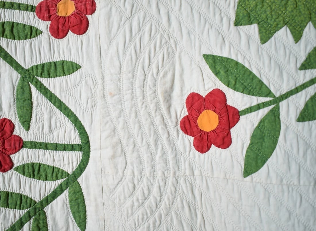 Early Red & Green Whig Rose Applique Quilt - 4