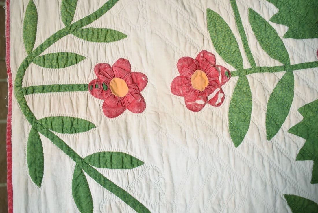 Early Red & Green Whig Rose Applique Quilt - 9