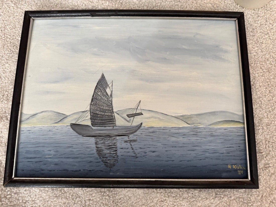 Vintage Original Framed Oil on Board Asian Sail Boat Painting Signed 12x16: Delve into the serenity of a mid-century Asian landscape with this vintage oil on board painting. Featuring sailboats that seem to glide upon the very air, the piece is a tranquil homage to the