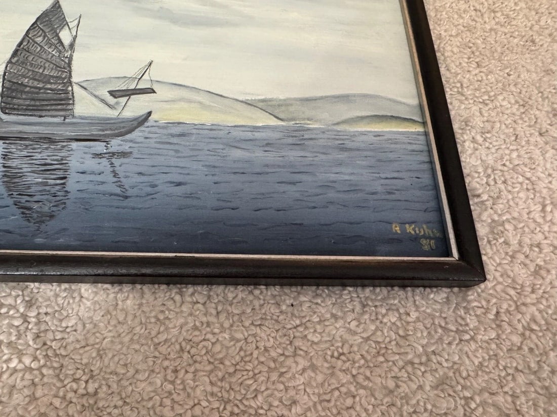 Vintage Original Framed Oil on Board Asian Sail Boat Painting Signed 12x16 - 3