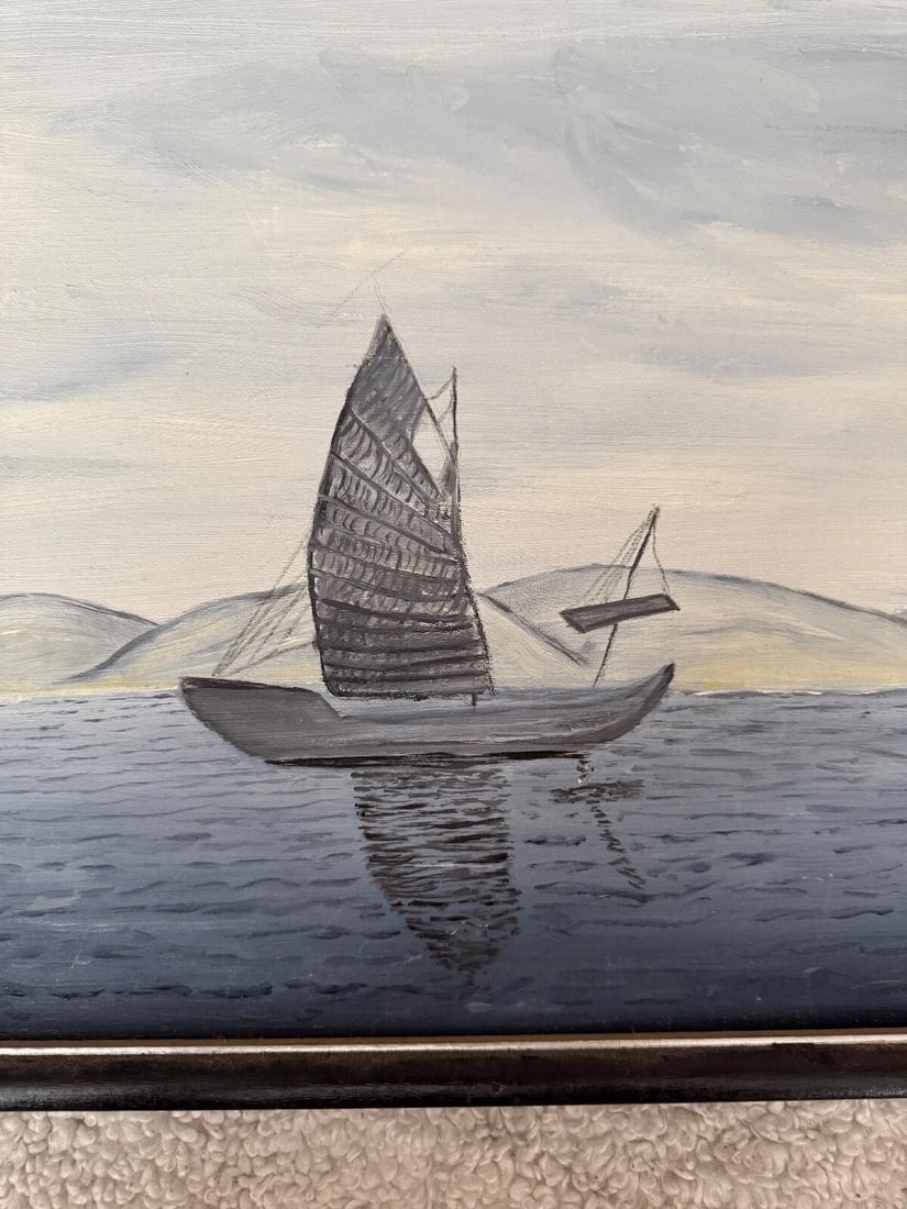 Vintage Original Framed Oil on Board Asian Sail Boat Painting Signed 12x16 - 5