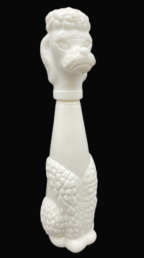 1970s MilkGlass Poodle Dog DECANTER: Date/Period: Approx 1970's Dimension: Approx. 15.5" tall Material: milkglass Additional Information: This is a Vintage 1970s Poodle Dog DECANTER Milk Glass White 15.5" Tall, Genie Art Glass Figurine,