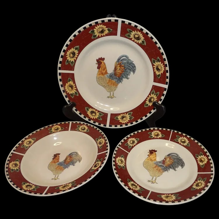 Gibson Brewster: Rooster w/ Sunflowers Set of 8 Large Plates, Bowls, Salad Plates: This set of Gibson Brewster Rooster w/ Sunflowers Set of 8 Large Plates (11 1/2"), Bowls (9"), Salad Plates (9") are all in excellent condition. NO chips,crazing, loss of color. Gibson Brewster is