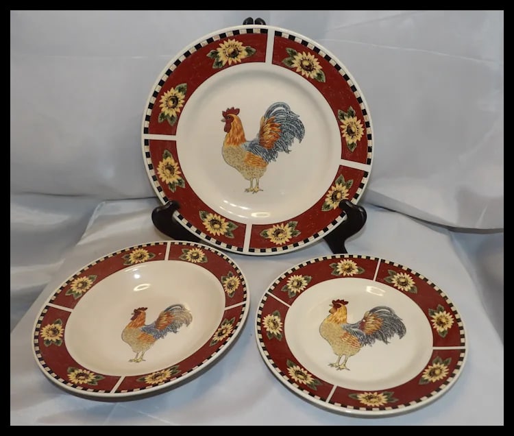Gibson Brewster: Rooster w/ Sunflowers Set of 8 Large Plates, Bowls, Salad Plates - 2