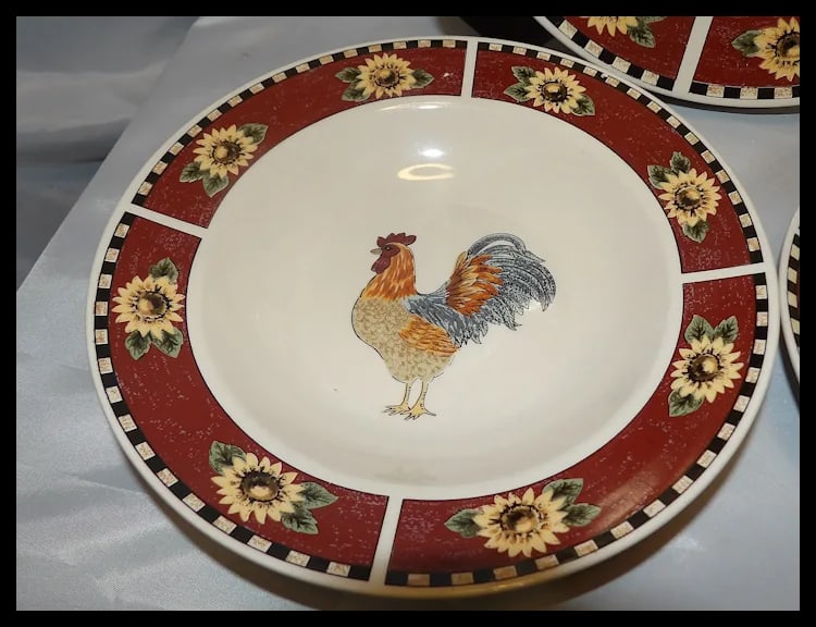 Gibson Brewster: Rooster w/ Sunflowers Set of 8 Large Plates, Bowls, Salad Plates - 3