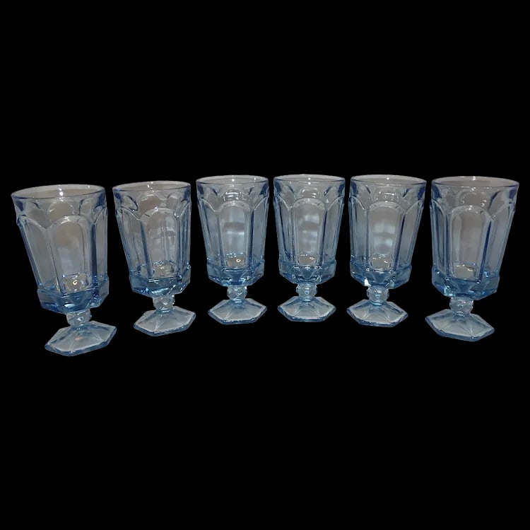 Fostoria Virginia Blue Iced Tea Glasses: This set of 6 Fostoria Virginia Blue Iced Tea Glasses are in excellent condition. NO chips, stains or imperfections (one does have a small scratch on it.) This is a discontinued pattern but one of