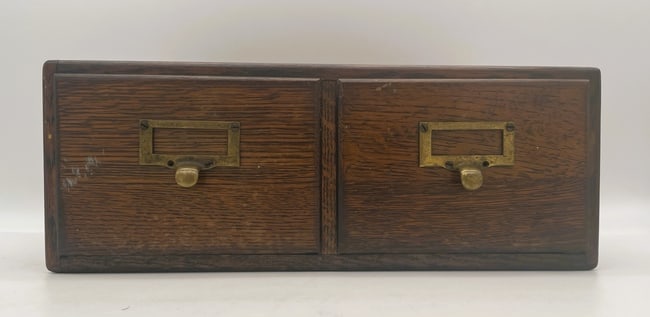 ANTIQUE LARGE MACY OAK 2 DRAWER DOVETAILED FILE BOX - 2