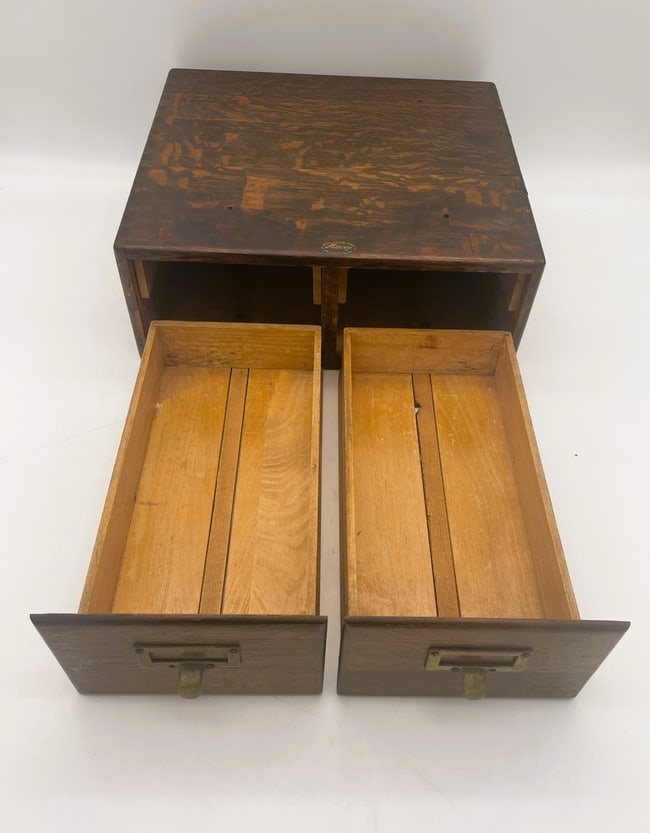 ANTIQUE LARGE MACY OAK 2 DRAWER DOVETAILED FILE BOX - 5