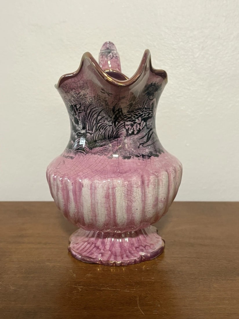 Pink Lustre Staffordshire Pitcher W/ Hunting Scene - 2