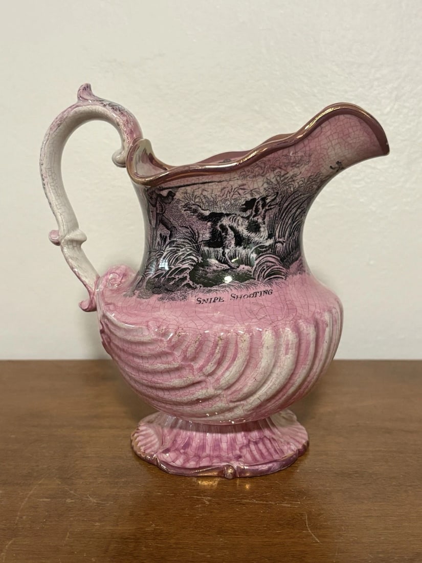 Pink Lustre Staffordshire Pitcher W/ Hunting Scene - 3