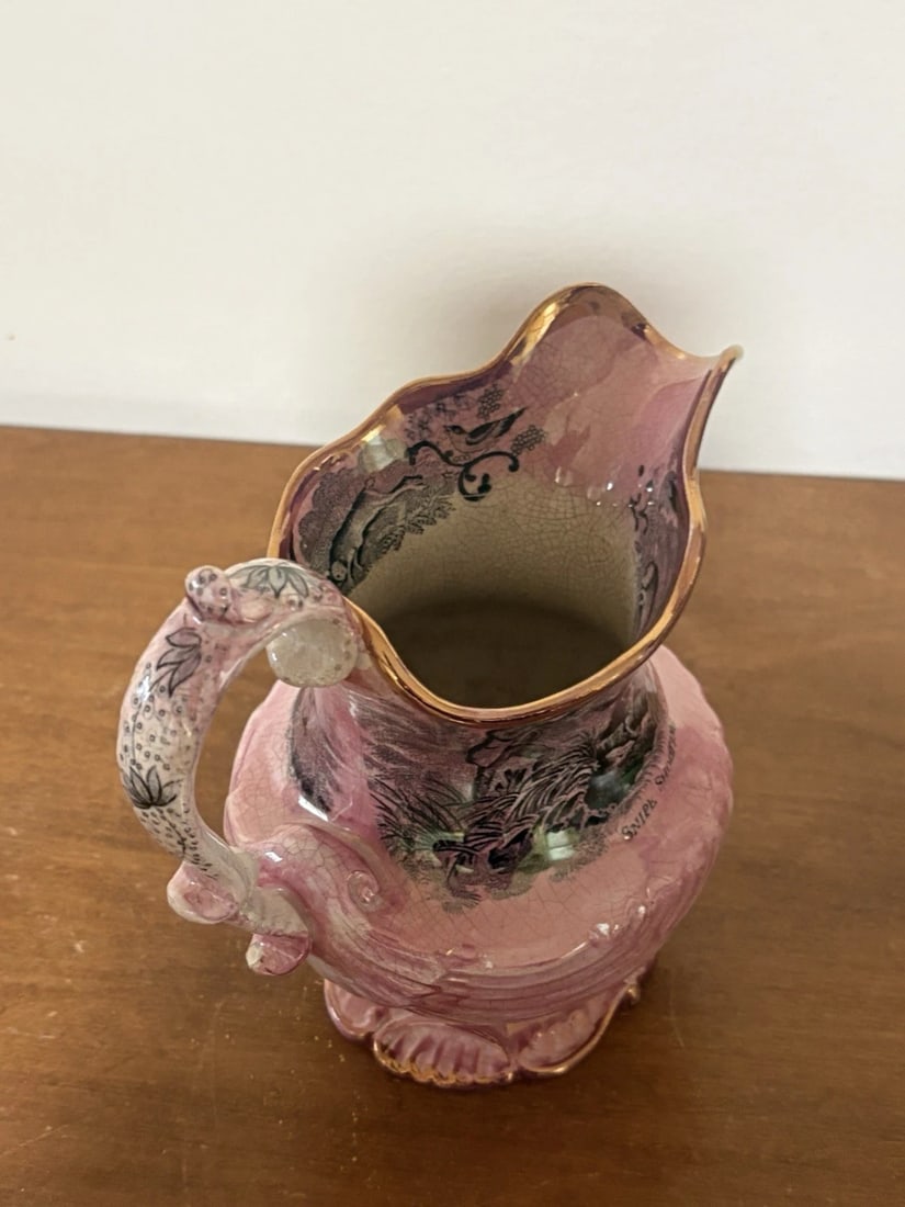 Pink Lustre Staffordshire Pitcher W/ Hunting Scene - 4