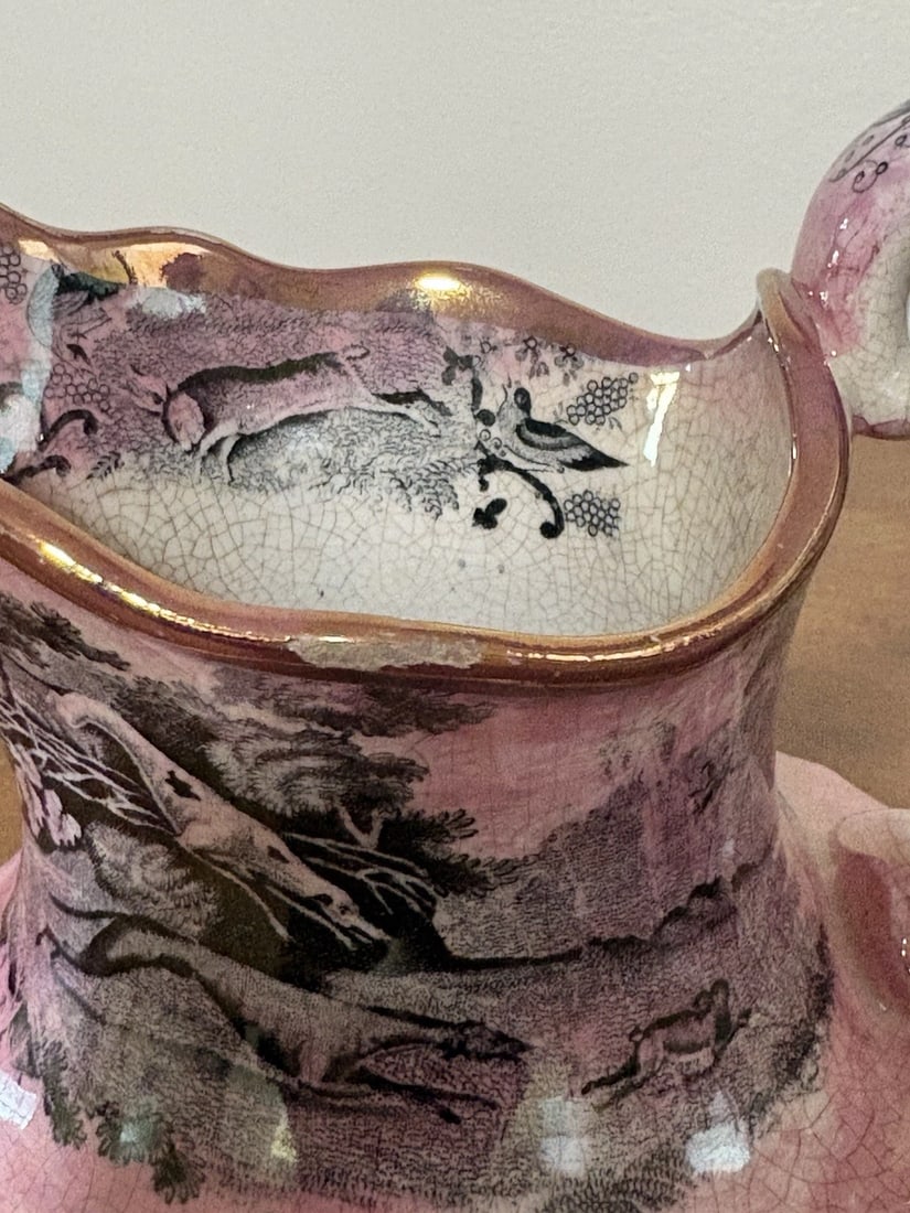 Pink Lustre Staffordshire Pitcher W/ Hunting Scene - 6
