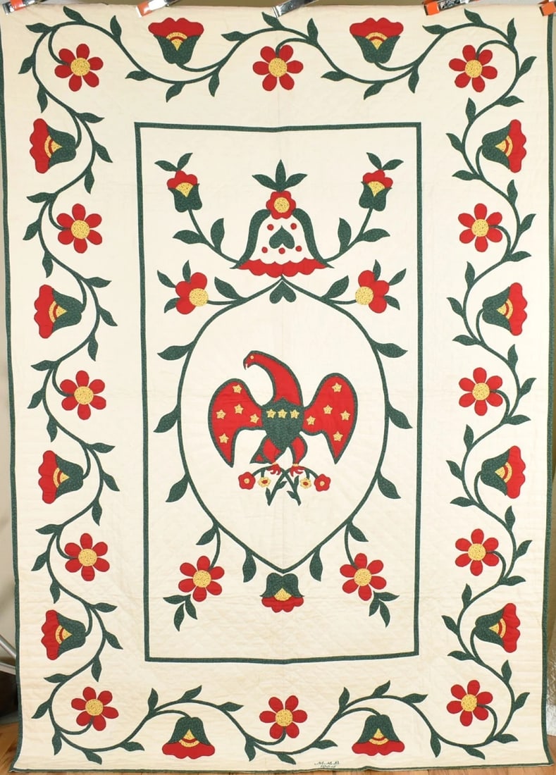 Red & Green Eagle Applique Quilt: This BEAUTIFUL cotton Paragon eagle quilt is all hand appliqued and hand quilted, with an elaborate floral vine border, and 13 stars on the eagle, representing the original 13 colonies. The quilt is s
