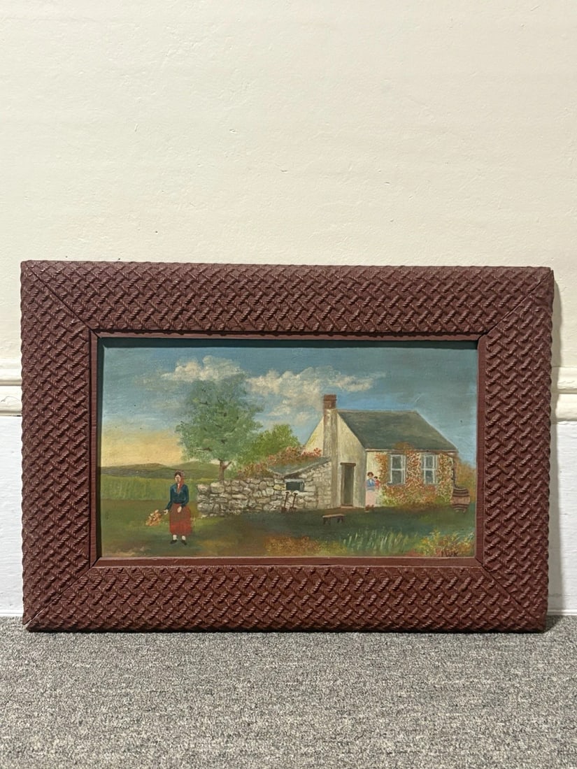 1931 Folk Art Oil On Board Painting: The frame measures 20 3/4" x 14 5/8" and the board measures 15 1/4" x 9 1/8". It is signed in the lower right hand corner and signed and dated 1930 on the verso. It is in good condition and is being s