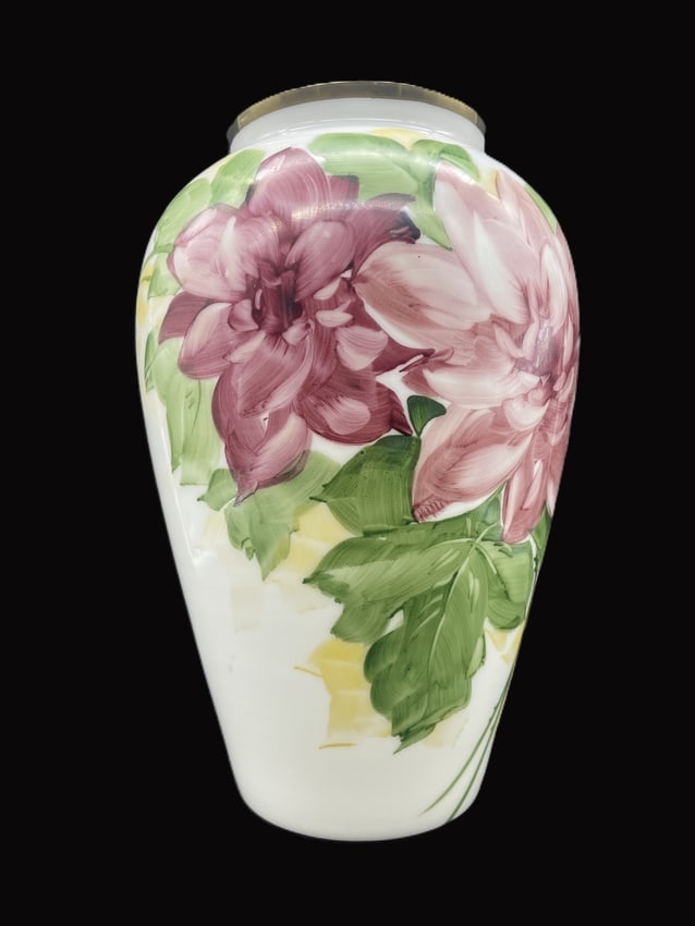 BRISTOL HANDPAINTED FLORAL VASE signed P. Connin: Date/Period: unknown Dimension: approx 11 x 7.5 Material: glass Additional Information: VINTAGE LARGE BRISTOL ART DECO HANDPAINTED FLORAL VASE HANDPAINTED SIGNED DELUXE graceful opaque white bristol