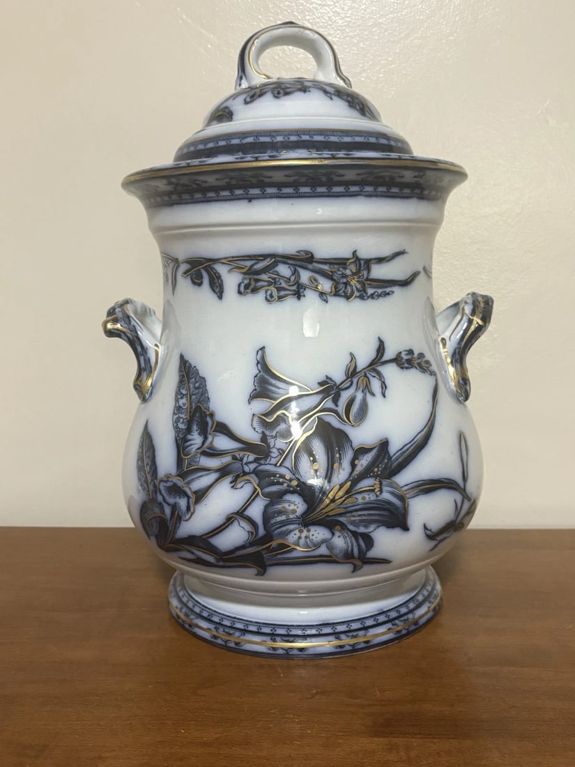 Flow Blue Slop Pot: It measures 16 1/2" high x 10 1/2" and is marked. It has no chips, cracks or repairs. It has outstanding color and detail. It is more impressive than the photos show. It is a rare form in 1850's flow