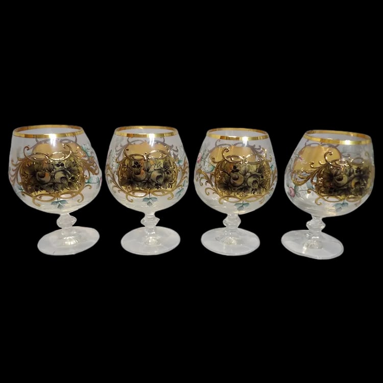 Bohemian Hand Painted Brandy/Cognac Sniffers with 22kt Gold Accents with Presentation Box