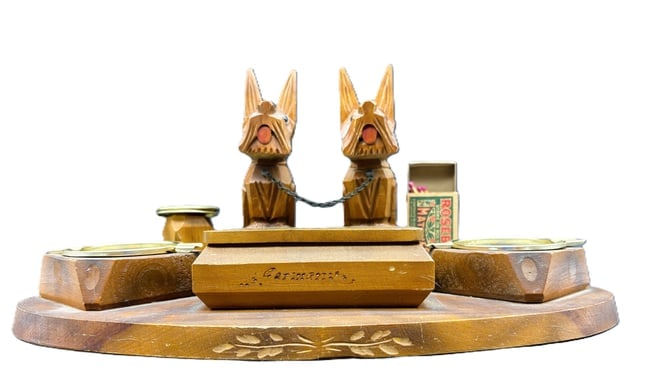Tramp Art Box Fantastic Folk Art Scotty Dog Smoking Tobacco Desk Stand Germany - 2