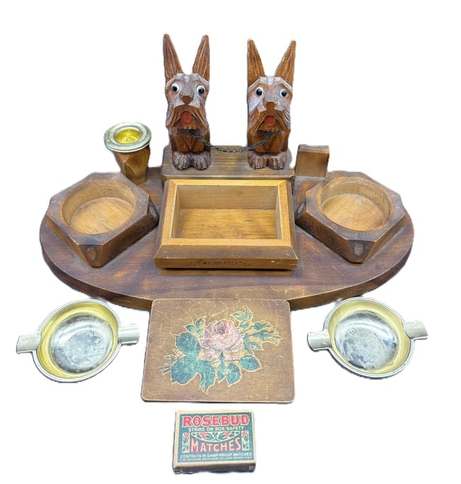 Tramp Art Box Fantastic Folk Art Scotty Dog Smoking Tobacco Desk Stand Germany - 4