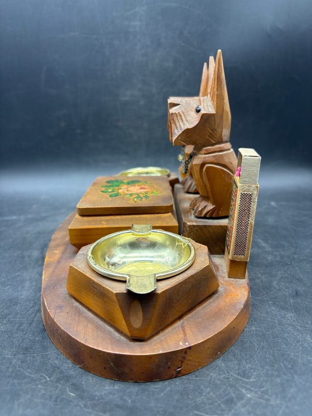 Tramp Art Box Fantastic Folk Art Scotty Dog Smoking Tobacco Desk Stand Germany - 7