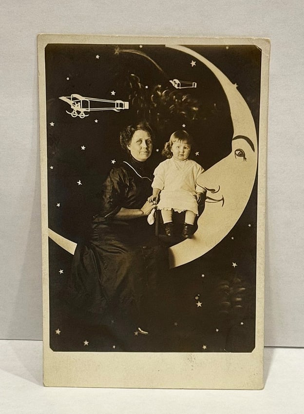 Real Photo Paper Moon Postcard Biplanes Cute Moon - 2