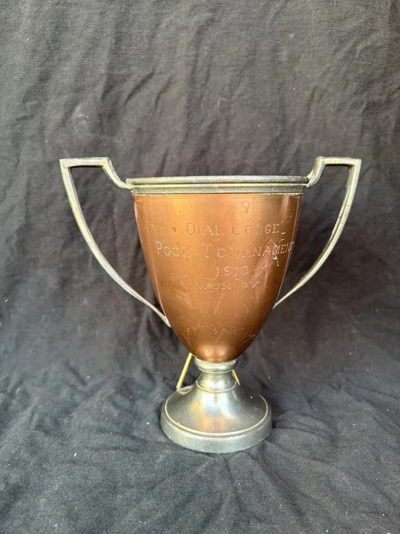 Rare 1910 Dial Lodge Princeton University Pool Loving Cup Trophy: It measures 7 5/8" high x 8" and is dated 1910. It has wear as shown in the photos. The dial lodge was first located in the old cap and gown club house that was built in 1897. The first year of the