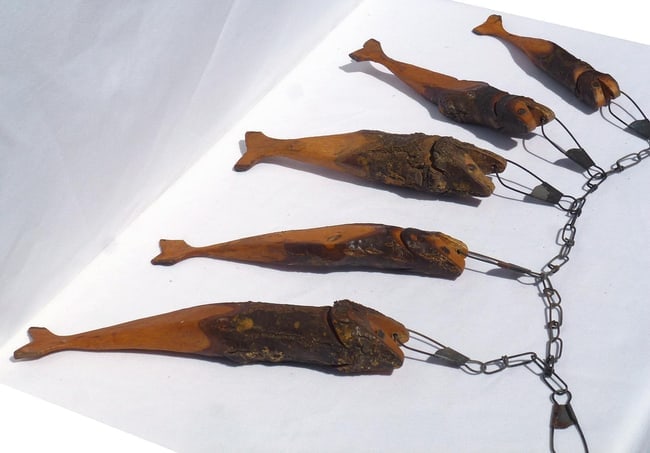 A very folky rustic stringer of five hand carved fish. - 9