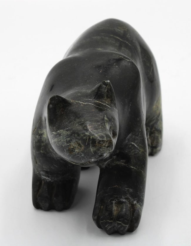 An Inuit carved folk art stone black polar bear from Alaska. - 2