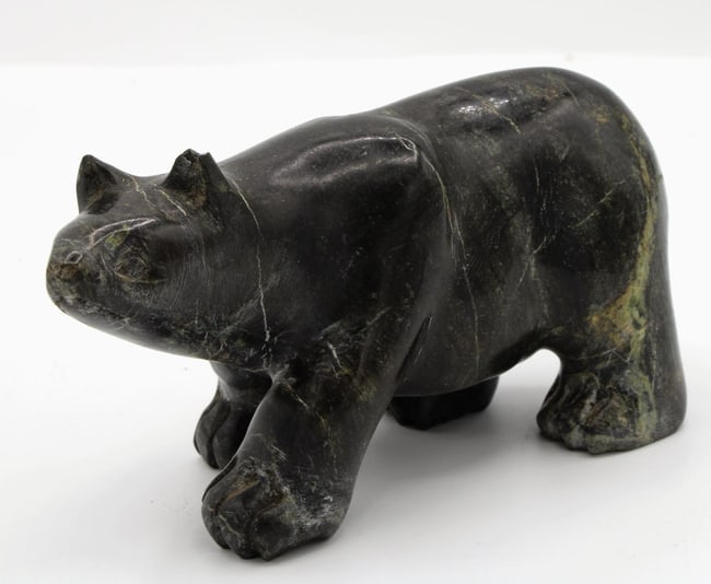 An Inuit carved folk art stone black polar bear from Alaska. - 4