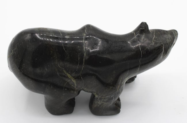 An Inuit carved folk art stone black polar bear from Alaska. - 6
