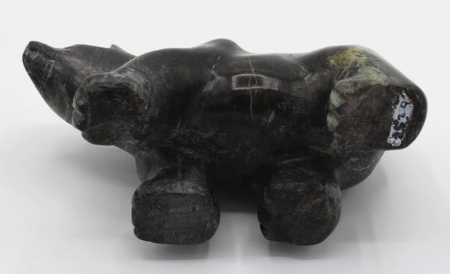 An Inuit carved folk art stone black polar bear from Alaska. - 9