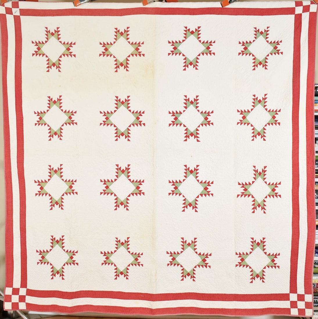 Well Quilted Feathered Stars Quilt, d. "1882": Title: Well Quilted Feathered Stars Quilt, d. "1882" Date: 1882 Origin: Ohio Material: Cotton Dimensions: 78" X 78" Additional Information: Cotton red and green calico feathered stars quilt, all hand 