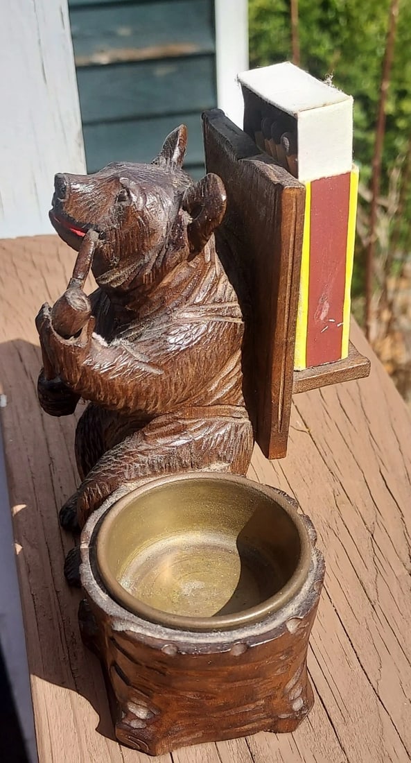 Antique Wood Carved Folk Art Black Forest Bear match holder change - 2