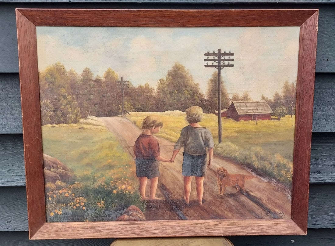 Oil painting Two Children On Country Road Dog 1951 Folk Art Painting: Great looking piece in excellent condition. Love look. Measures approximately 18 x 14" plus frame. Painted on canvas. Signed Orissa. Shipping charges include insurance. Shipping: Domestic: Flat-rate