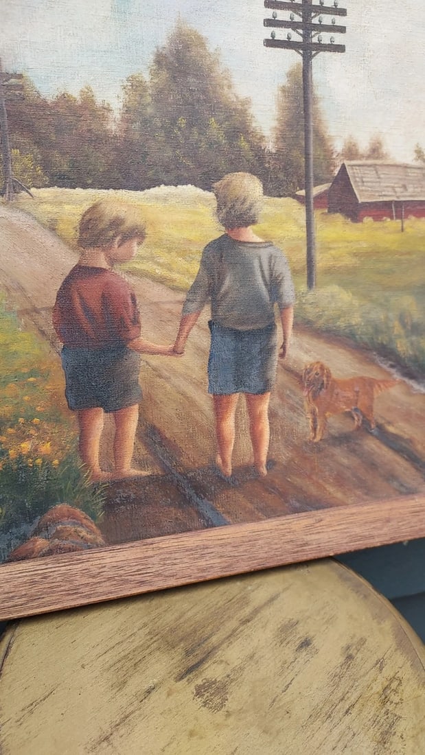 Oil painting Two Children On Country Road Dog 1951 Folk Art Painting - 3