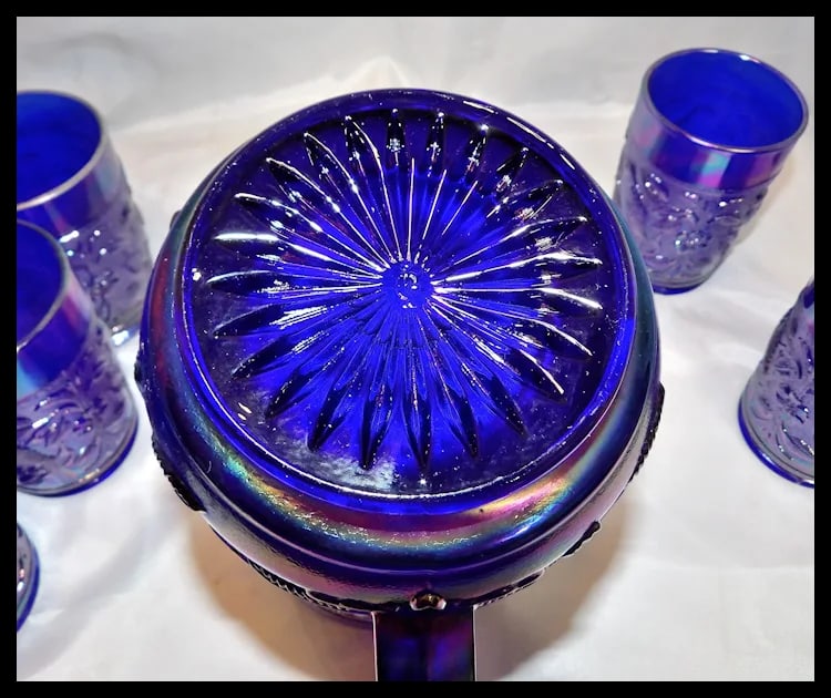 Imperial Glass Aurora Jewels Cobalt Blue Carnival Glass Robin's Water Pitcher and 5 Tumblers - 10