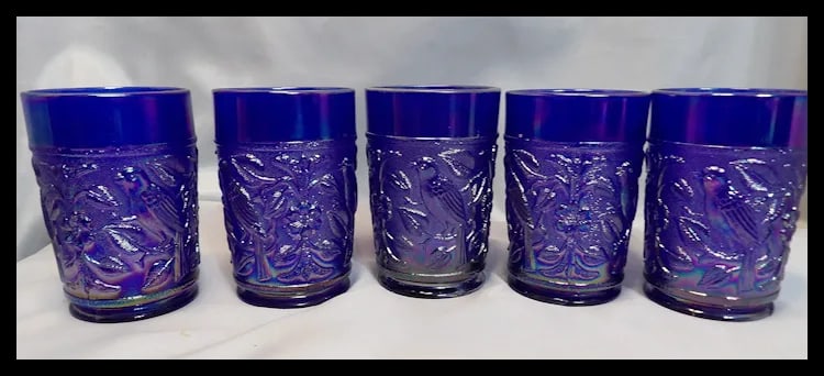 Imperial Glass Aurora Jewels Cobalt Blue Carnival Glass Robin's Water Pitcher and 5 Tumblers - 11