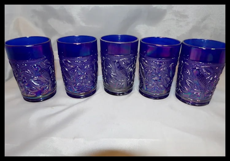 Imperial Glass Aurora Jewels Cobalt Blue Carnival Glass Robin's Water Pitcher and 5 Tumblers - 12