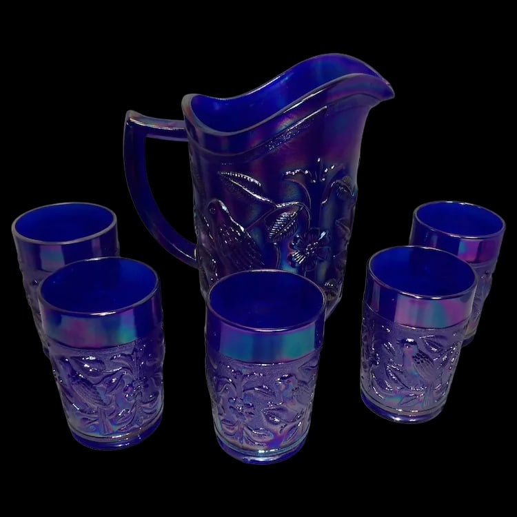 Imperial Glass Aurora Jewels Cobalt Blue Carnival Glass Robin's Water Pitcher and 5 Tumblers (1 of 13)