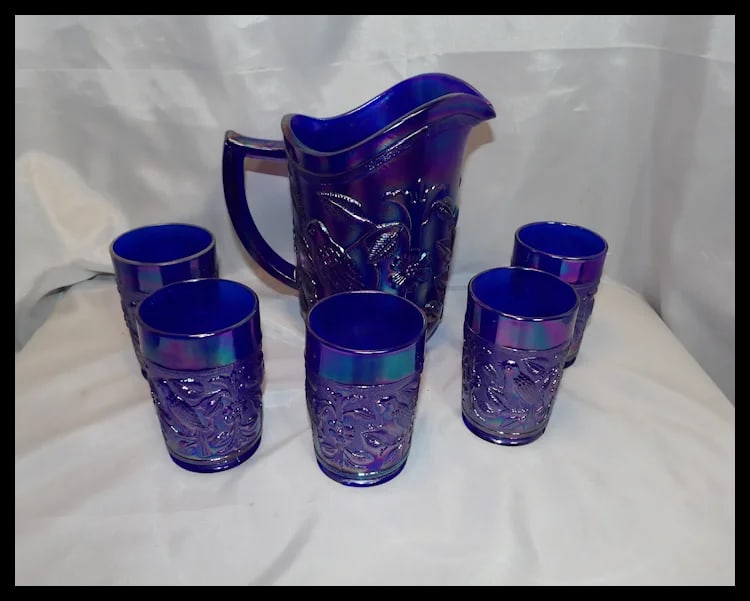 Imperial Glass Aurora Jewels Cobalt Blue Carnival Glass Robin's Water Pitcher and 5 Tumblers - 2