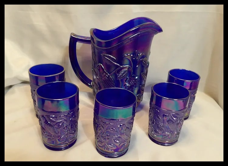 Imperial Glass Aurora Jewels Cobalt Blue Carnival Glass Robin's Water Pitcher and 5 Tumblers - 3