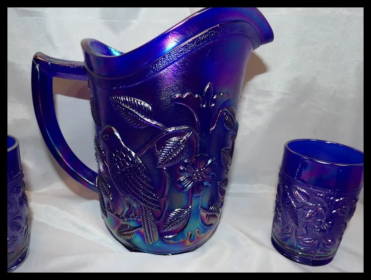 Imperial Glass Aurora Jewels Cobalt Blue Carnival Glass Robin's Water Pitcher and 5 Tumblers - 4