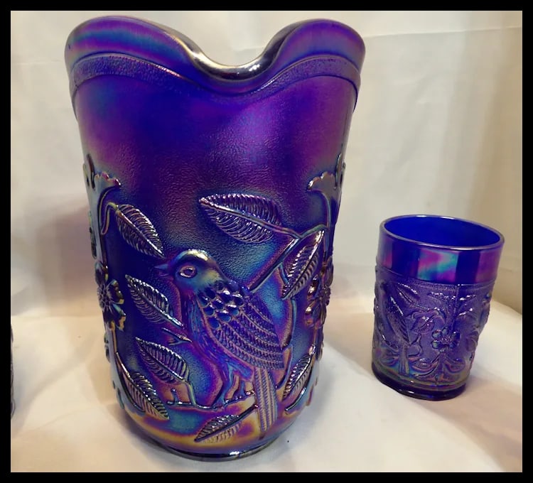 Imperial Glass Aurora Jewels Cobalt Blue Carnival Glass Robin's Water Pitcher and 5 Tumblers - 5